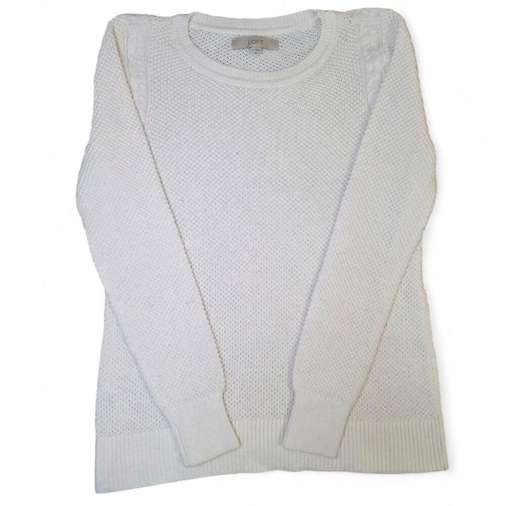 LOFT Ivory Textured Knit Crewneck Sweater Lightweight Cable Shoulder Large